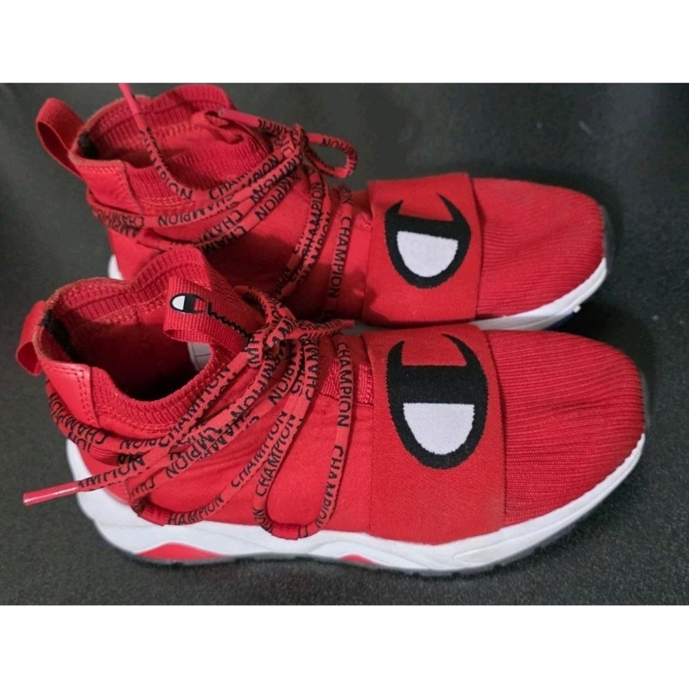 Champion 7 YOUTH W8 Rally Hype Sport Tennis Shoe Red Sock Sneaker EUC